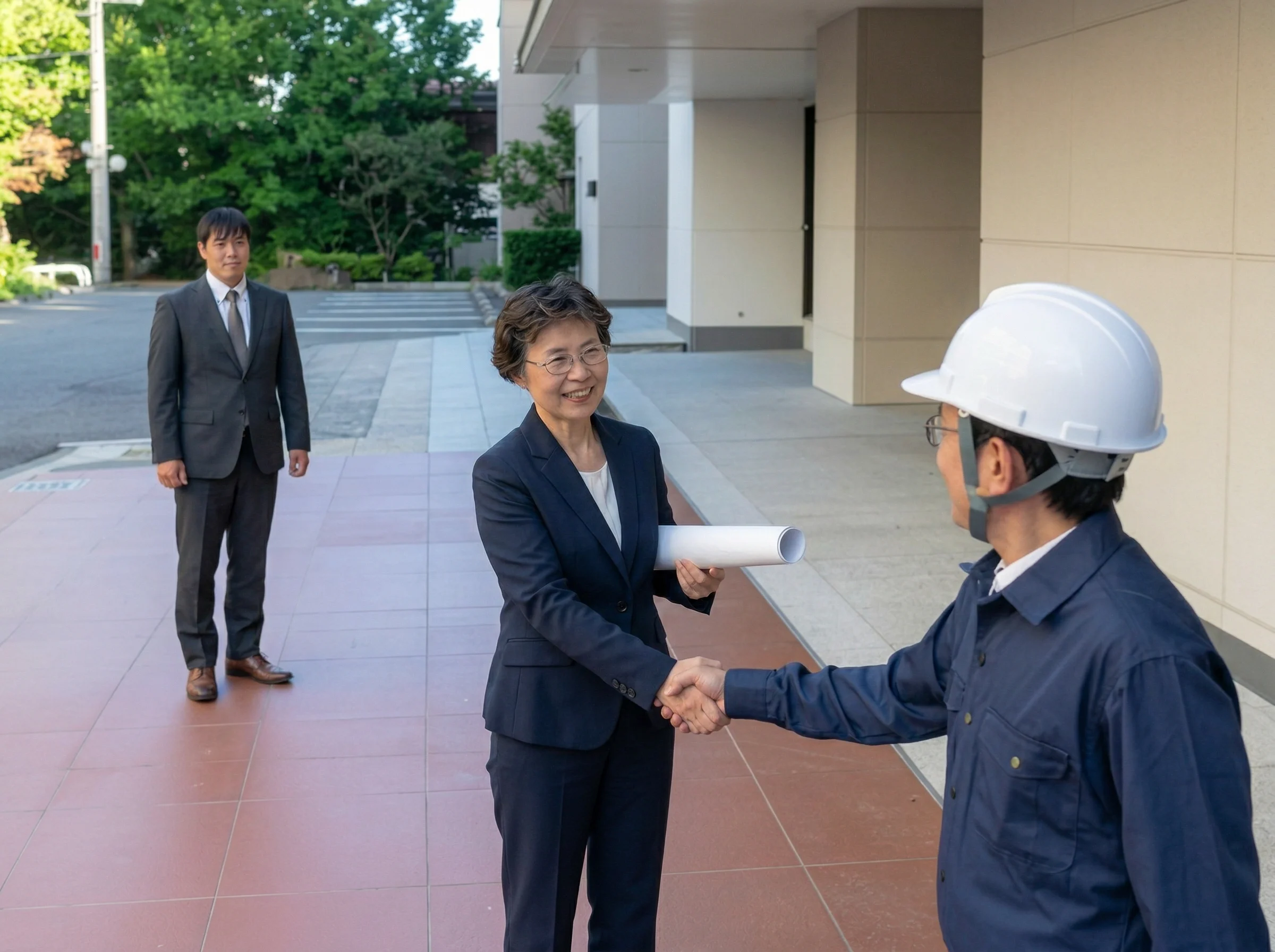 完成した建物前で、紺色のスーツを着た女性営業担当者が白いヘルメット姿の工事関係者と握手しながら完了報告書を受け取る。